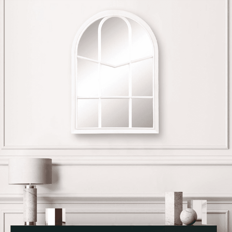 White arched glass garden mirror