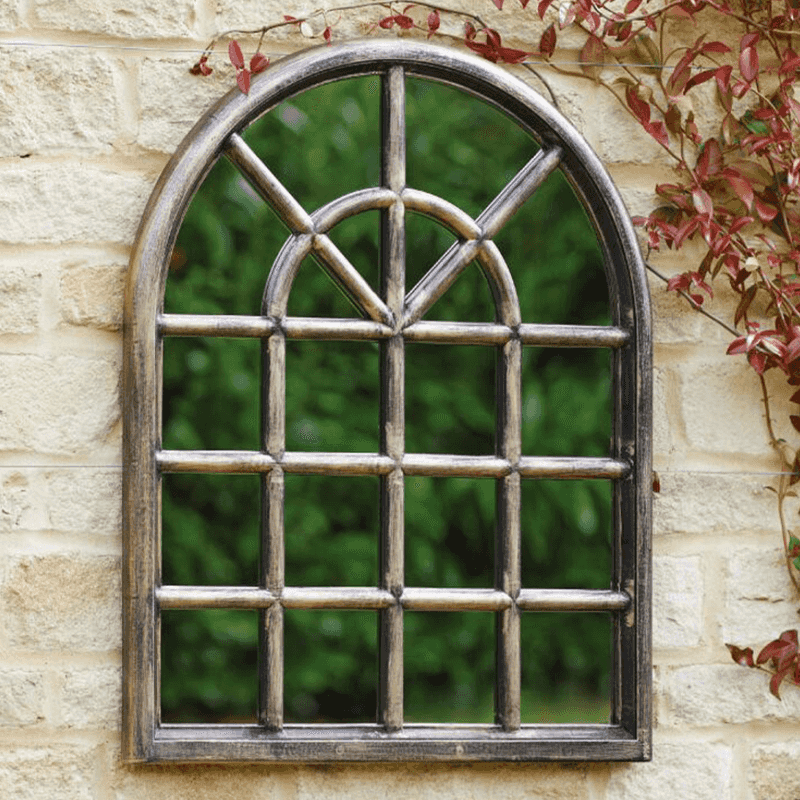 Vintage bronze arched window garden mirror