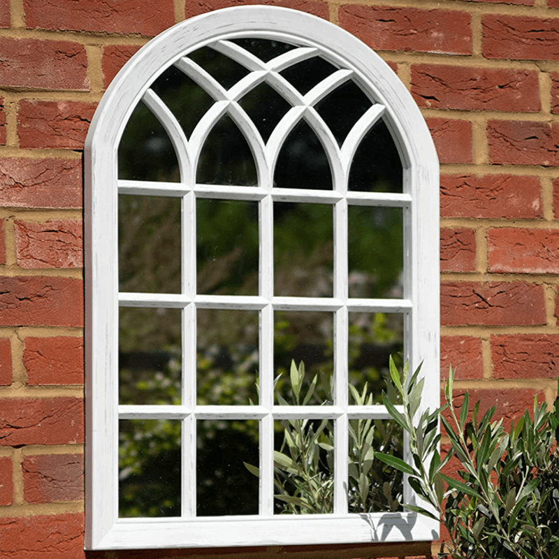 White arched wall mounted garden mirror