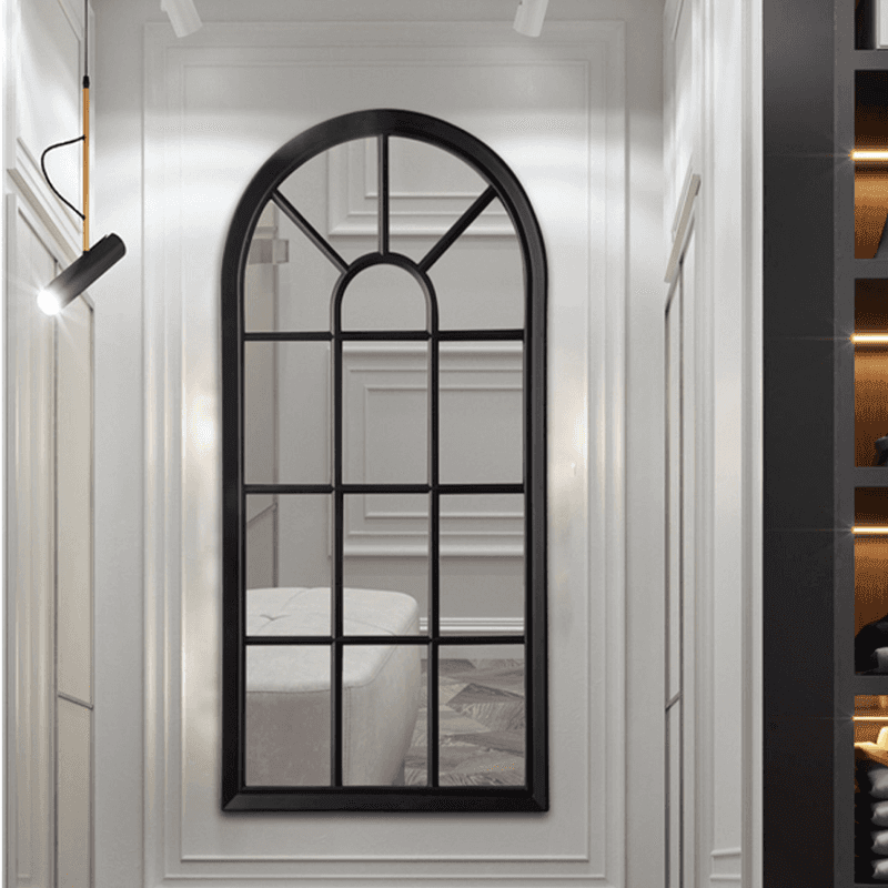 Black arched window garden mirror