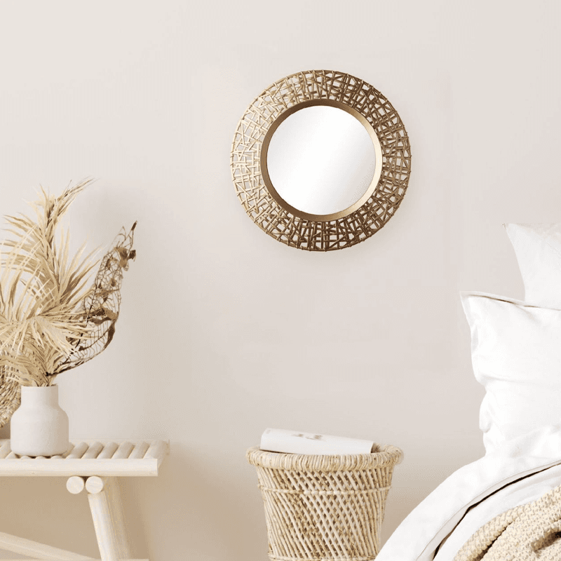51cm round woven rattan mirror
